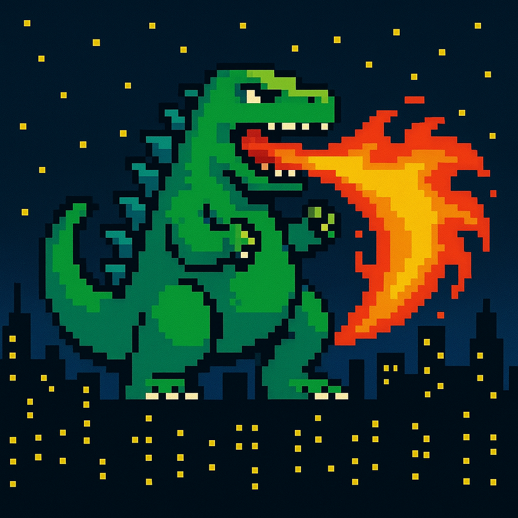 Pixel Godzilla breathing fire